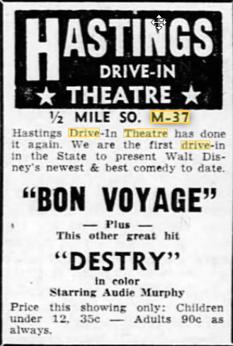Hastings Drive-In Theatre - 28 Jul 1962 Ad